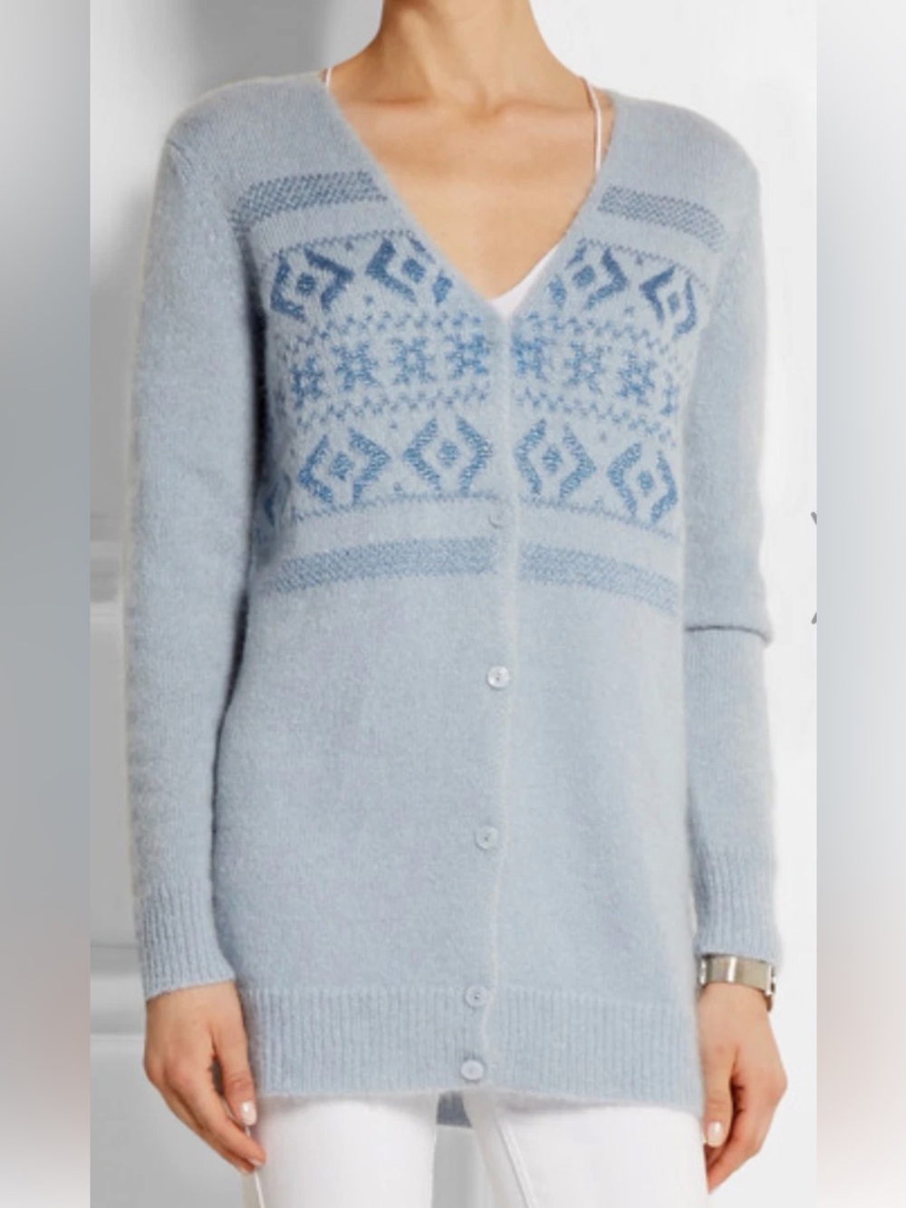 Coach Pale Blue Fair Isle V-Neck Button Cardigan